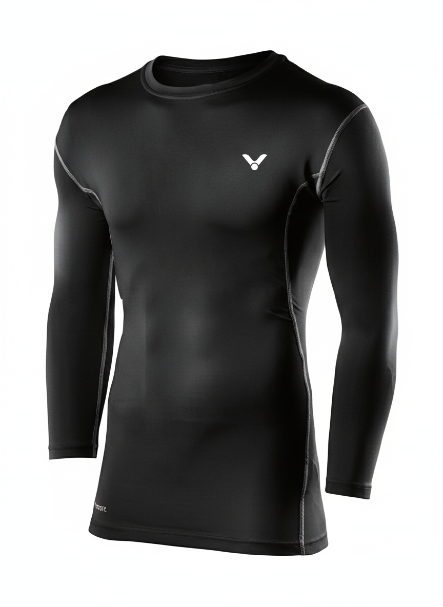 VICTOR SP200 Men’s Compression Long Sleeve T-Shirt – Black | Antistatic, Odourless, Antibiotic, Quick-Dry, Dyna Span Stretch (S–2XL)